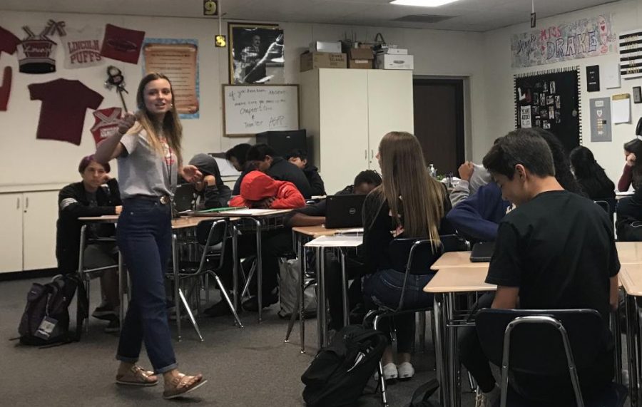 Math 9 teacher Megan Drake guides her class through a lesson on Sept. 14. 