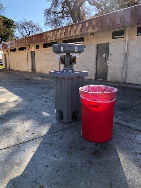 Portable hand washing/sanitizing stations have been placed throughout campus for student use.