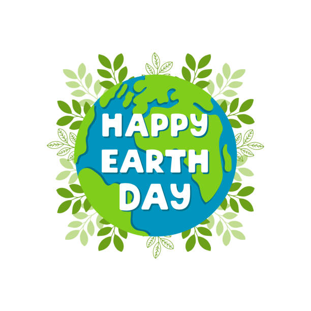 Happy Earth Day bright colorful illustration with lettering and plants on white background. Earth day concept in flat design. Vector illustration