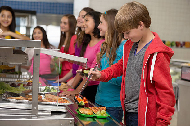 Middle+school+students+choosing+healthy+food+in+cafeteria+lunch+line