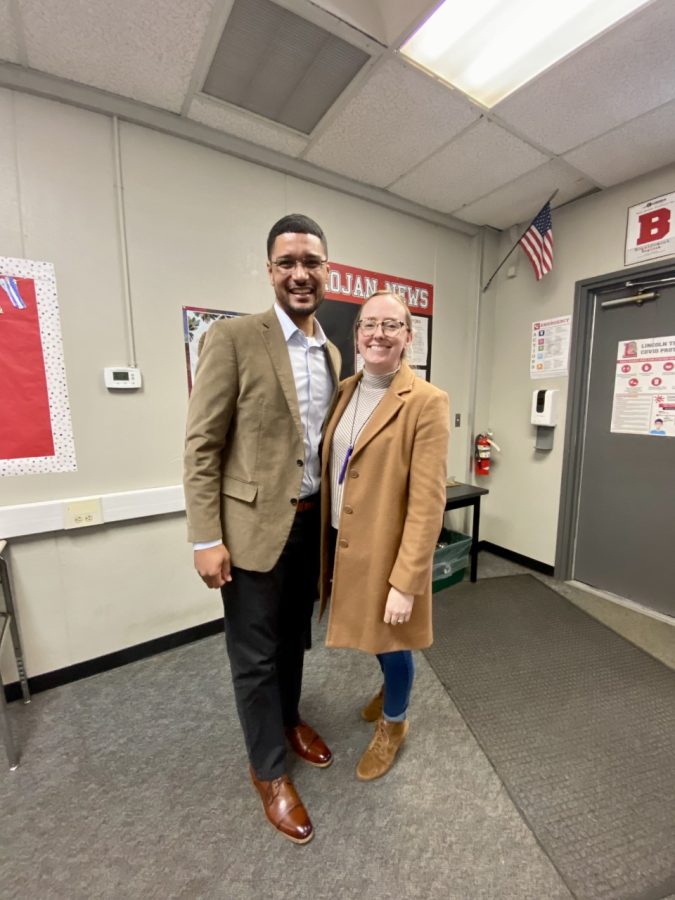 Miss Yeager with Mayor Lincoln when he came to the Journalism class.