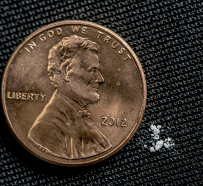 Image depicting the amount of fentanyl needed for a lethal reaction as compared to the size of a penny